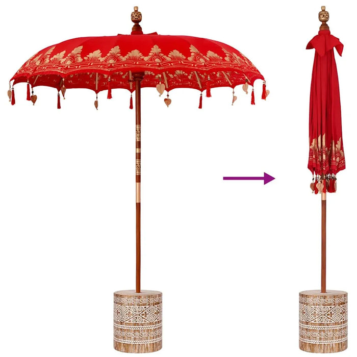 Balinese Parasol - Red | 180-190cm - Cotton Canopy Solid Wood Frame with Base VIDAXL - Little and Giant Explorers vidaXL