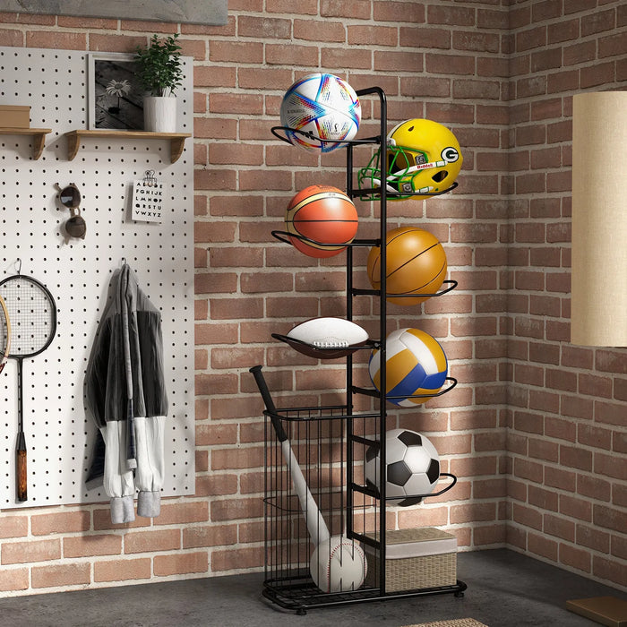 Ball Storage Rack with Removable Hanging Rods and Side Basket - Little and Giant Explorers Costway