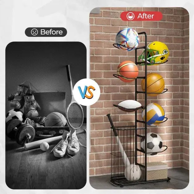 Ball Storage Rack with Removable Hanging Rods and Side Basket - Little and Giant Explorers Costway