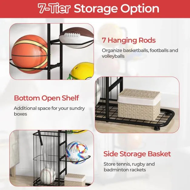 Ball Storage Rack with Removable Hanging Rods and Side Basket - Little and Giant Explorers Costway