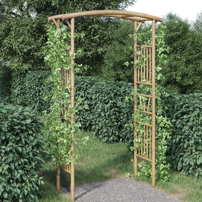 Bamboo garden arch with climbing plants in a rustic outdoor setting, weather-resistant arbour