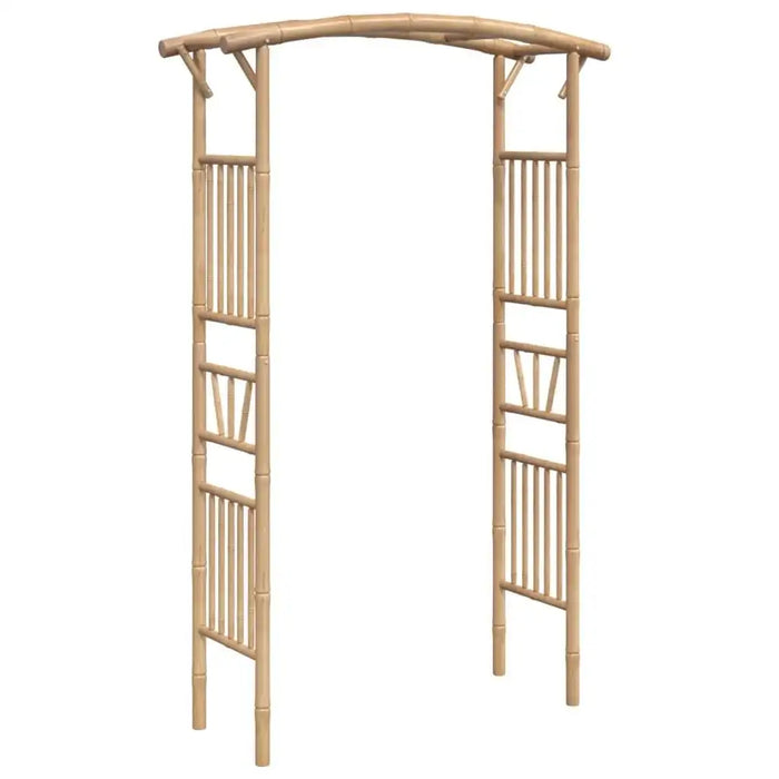 Rustic bamboo garden arch with arched top and vertical slatted sides.