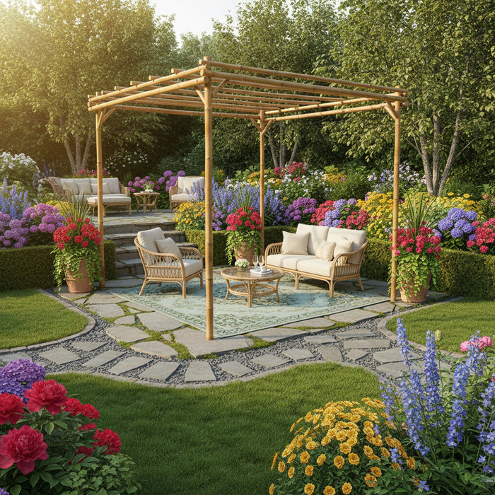 Bamboo garden pergola with outdoor seating set amid colorful flowers and greenery
