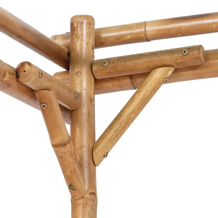 Natural bamboo pergola frame joint for climbing plants, close-up detail view