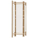 Three-panel bamboo room divider screen with white fabric panels