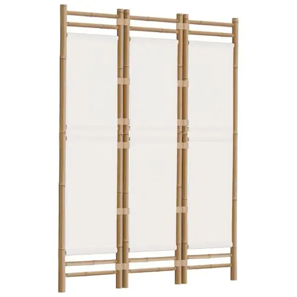 Three-panel bamboo room divider with white fabric screens, natural wood folding privacy screen