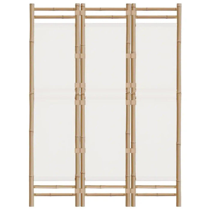 Three-panel bamboo room divider with white fabric panels for kids' playroom or nursery decor