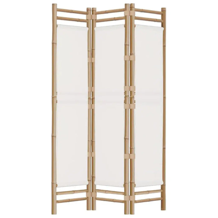 Three-panel bamboo room divider with white fabric inserts, minimalist privacy screen