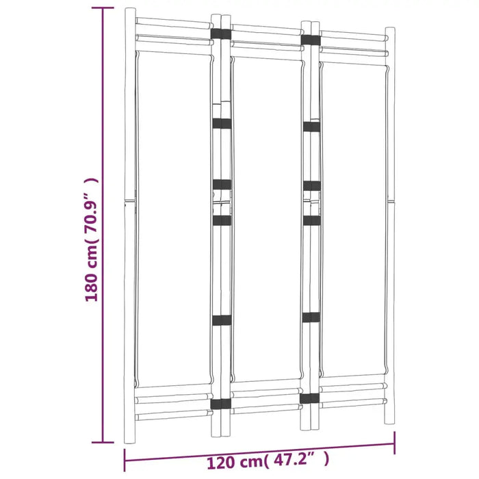 Line drawing of a three-panel room divider with dimensions 180 cm height and 120 cm width