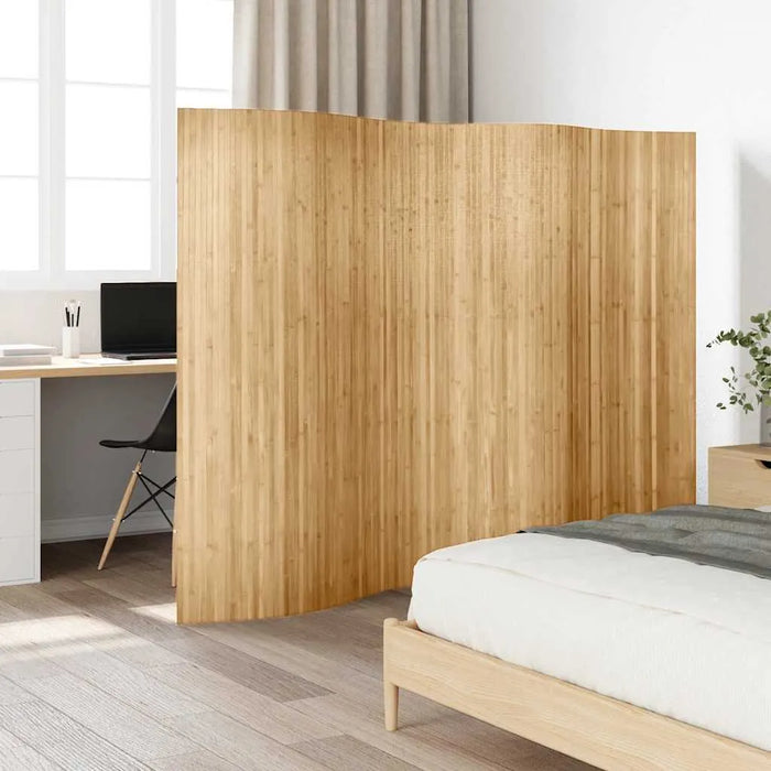 Wooden screen partition in a room with a bed and desk.