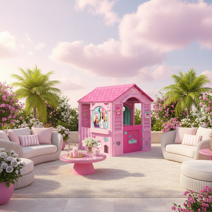 Barbie Dream Holiday House pink playhouse for kids in a floral outdoor patio setting
