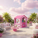 Barbie Dream Holiday House pink playhouse for kids in a floral outdoor patio setting