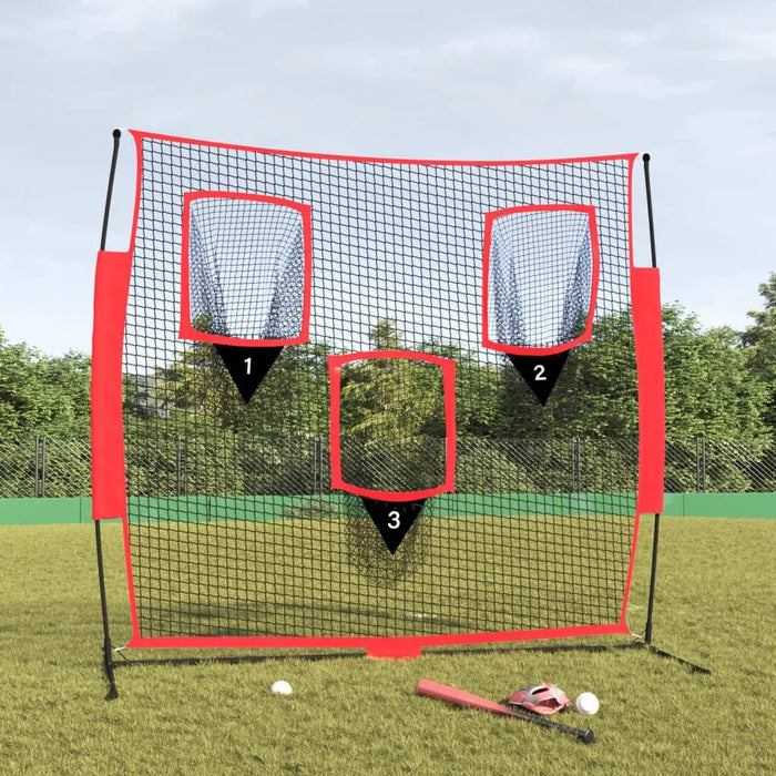 Baseball training net with three strike zones on grass field, bat, glove, and balls in front