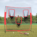 Baseball training net with three strike zones on grass field, bat, glove, and balls in front