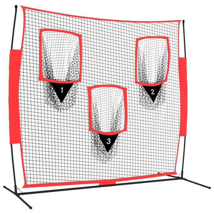 Baseball training net with 3 strike zones for pitching and batting practice, red frame