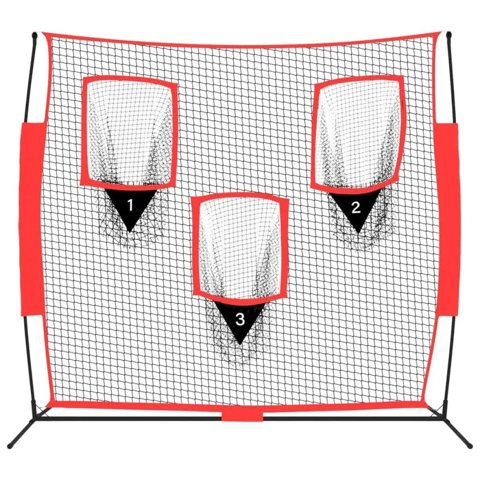 Baseball training net with three strike zones for pitching, batting, fielding practice.