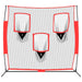 Baseball training net with three strike zones for pitching, batting, fielding practice.