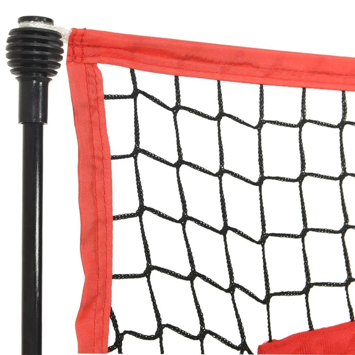 Close-up of baseball training net corner with black mesh and red border on metal pole
