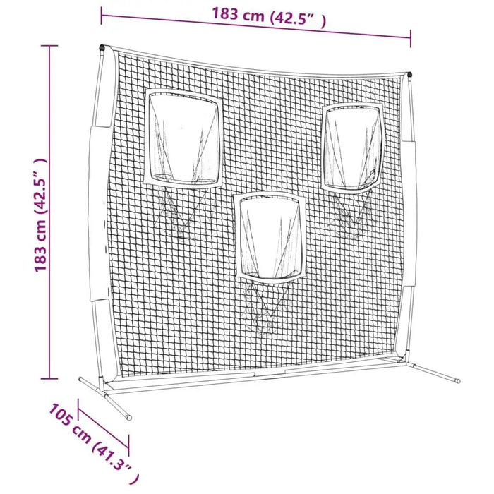 Baseball training net with three strike zones, black mesh, labeled dimensions in centimeters.