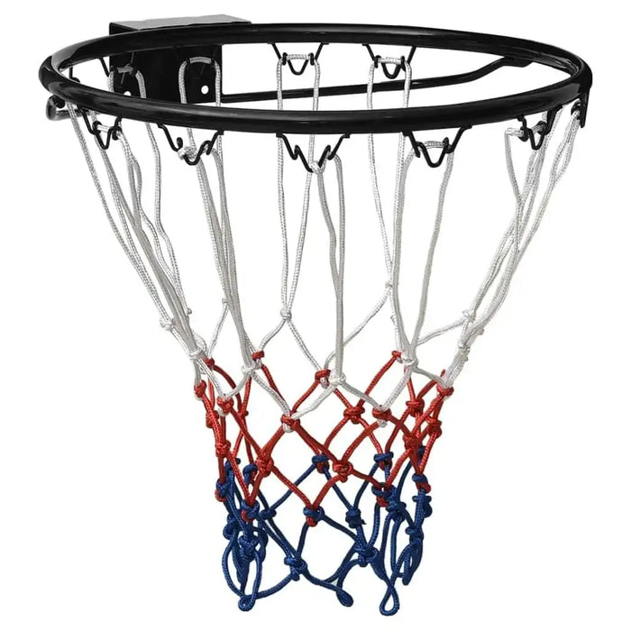 Black steel basketball rim with wall mount and red, white, blue all-weather net.