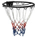 Black steel basketball rim with wall mount and red, white, blue all-weather net.