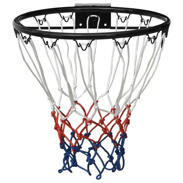 Black basketball rim with red, white, and blue net, wall-mounted, outdoor hoop