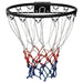 Black basketball rim with red, white, and blue net, wall-mounted, outdoor hoop