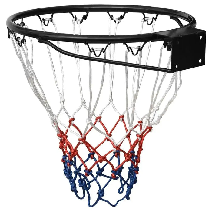 Black steel basketball rim with wall mount and red, white, blue all-weather net