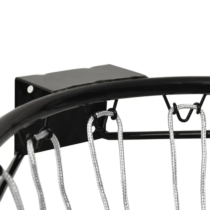 Black steel basketball rim with wall-mounted bracket and all-weather net close-up