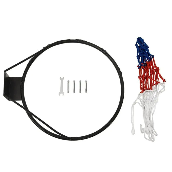 Black steel basketball rim with wall mount, red white blue net, bolts, and wrench