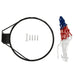 Black steel basketball rim with wall mount, red white blue net, bolts, and wrench