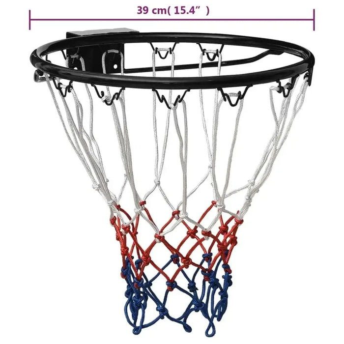 39cm black steel wall-mounted basketball rim with red, white, and blue net
