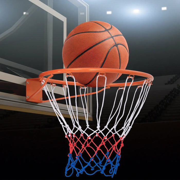 Orange basketball rim with all-weather red, white, and blue net, ball above hoop