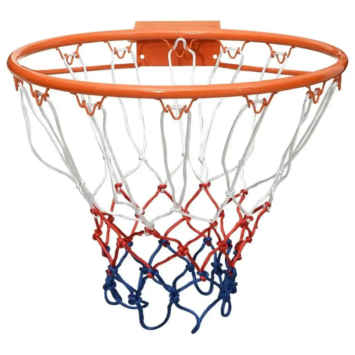 Orange steel basketball rim with wall mount and red, white, blue all-weather net