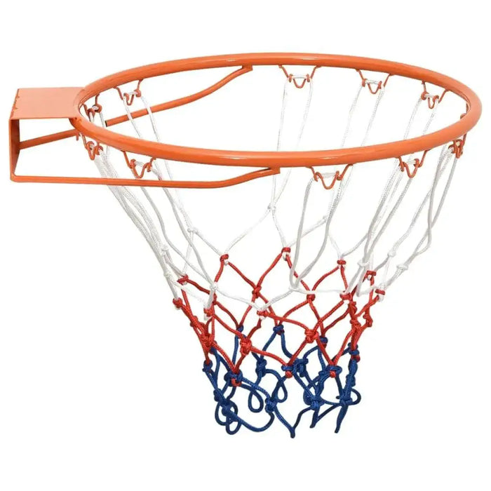 Orange steel basketball rim with red, white, and blue all-weather net, wall mounted
