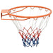 Orange steel basketball rim with red, white, and blue all-weather net, wall mounted
