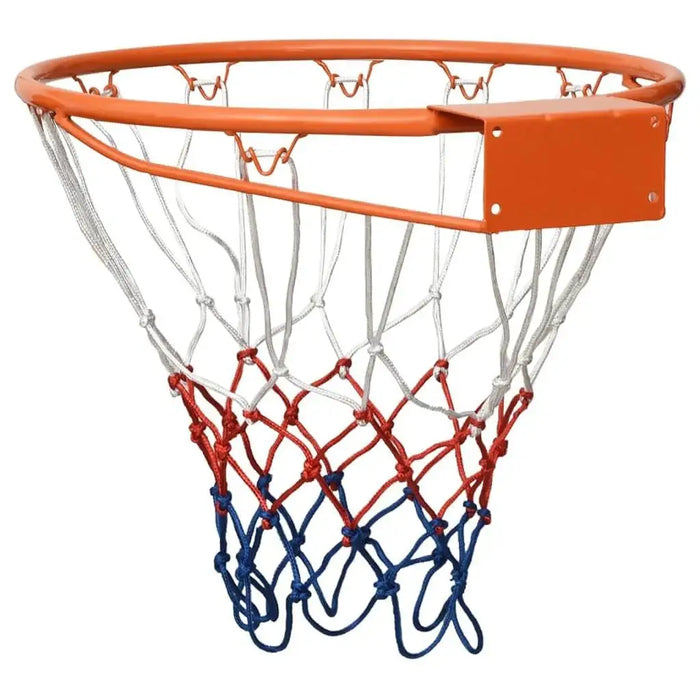 Orange steel basketball rim with wall mount and red, white, blue all-weather net