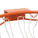 Close-up of an orange steel basketball rim with wall mount and white all-weather net