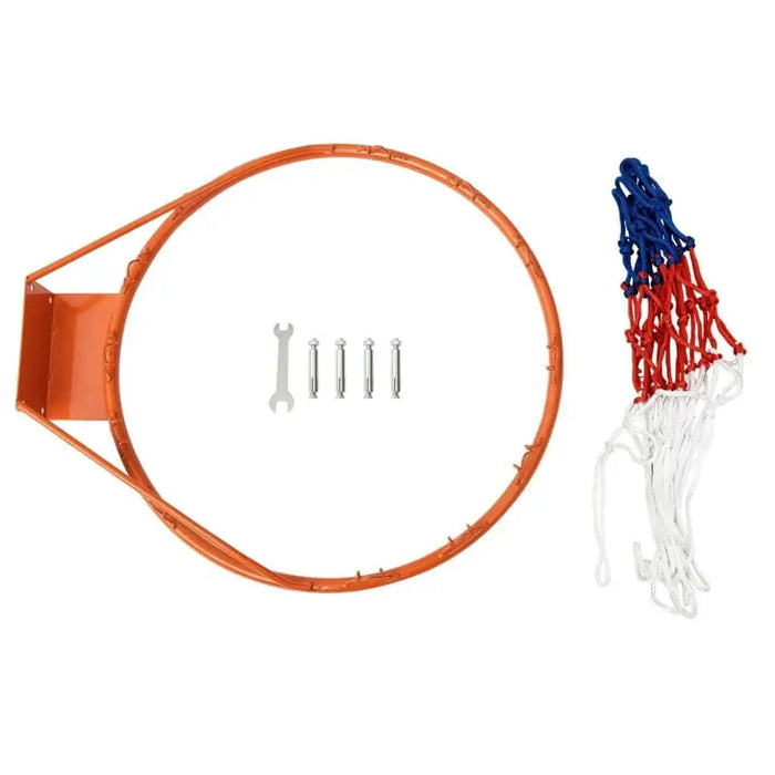 Orange steel basketball rim with wall mount, tricolor net, bolts, and wrench included