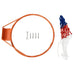 Orange steel basketball rim with wall mount, tricolor net, bolts, and wrench included