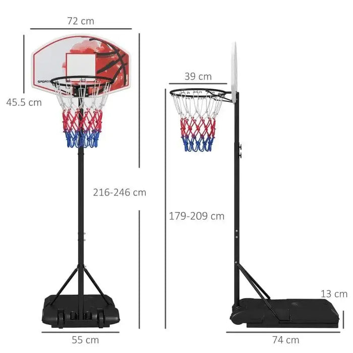 Adjustable basketball stand with height markings, backboard, hoop, and portable wheeled base
