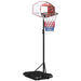 Adjustable portable basketball hoop with red, white, and blue net and sturdy base