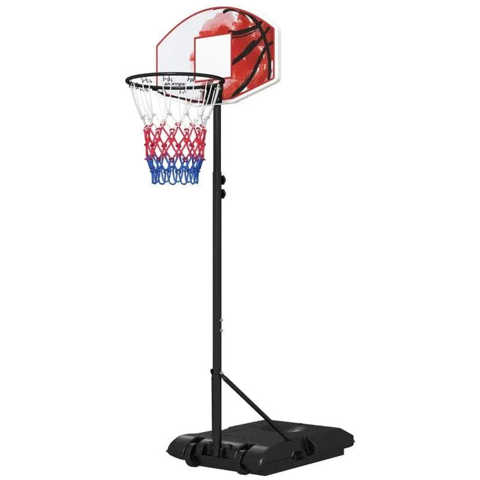 Adjustable portable basketball hoop with colorful net and black base on white background