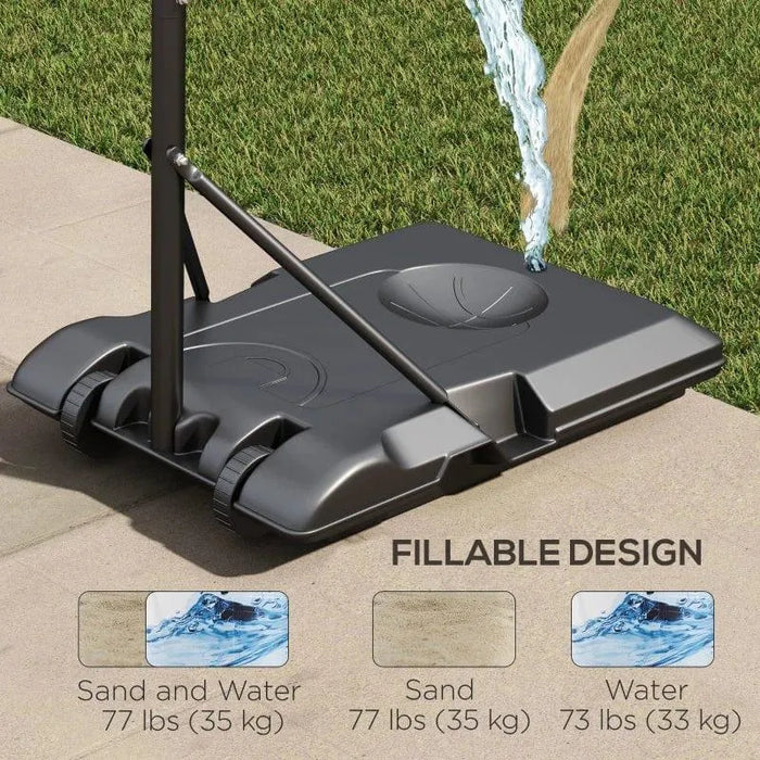 Portable basketball hoop base on patio, being filled with water, with sand and water fill options shown.