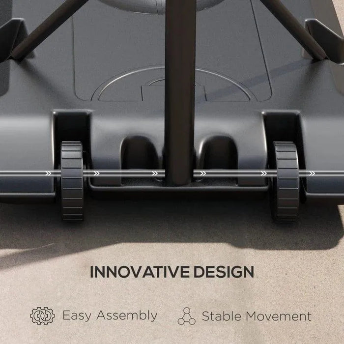 Close-up of portable basketball stand base with wheels, labeled easy assembly and stable movement.