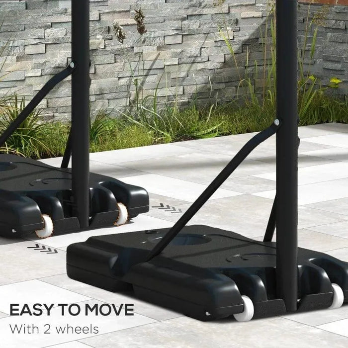 Basketball stand base with two wheels for easy moving on outdoor patio tiles