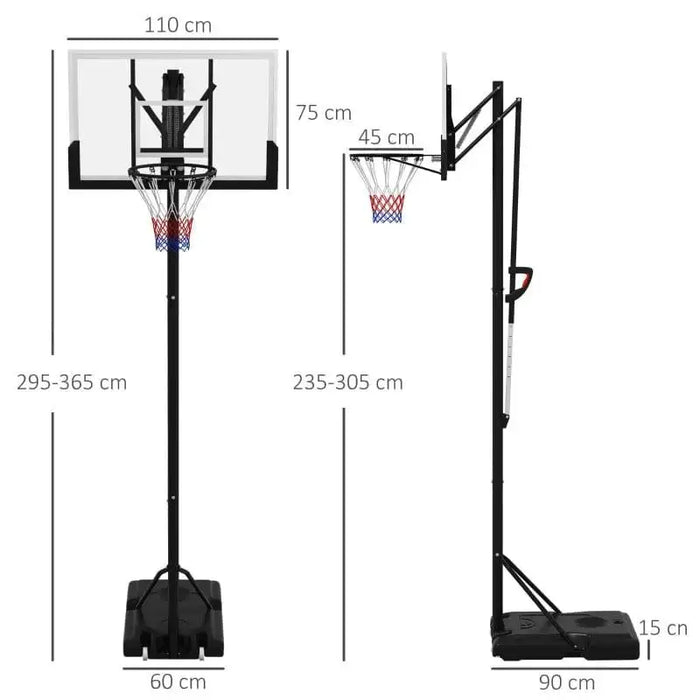 Adjustable basketball stand with shock-absorbing springs, height and size measurements shown