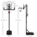 Adjustable basketball stand with shock-absorbing springs, height and size measurements shown