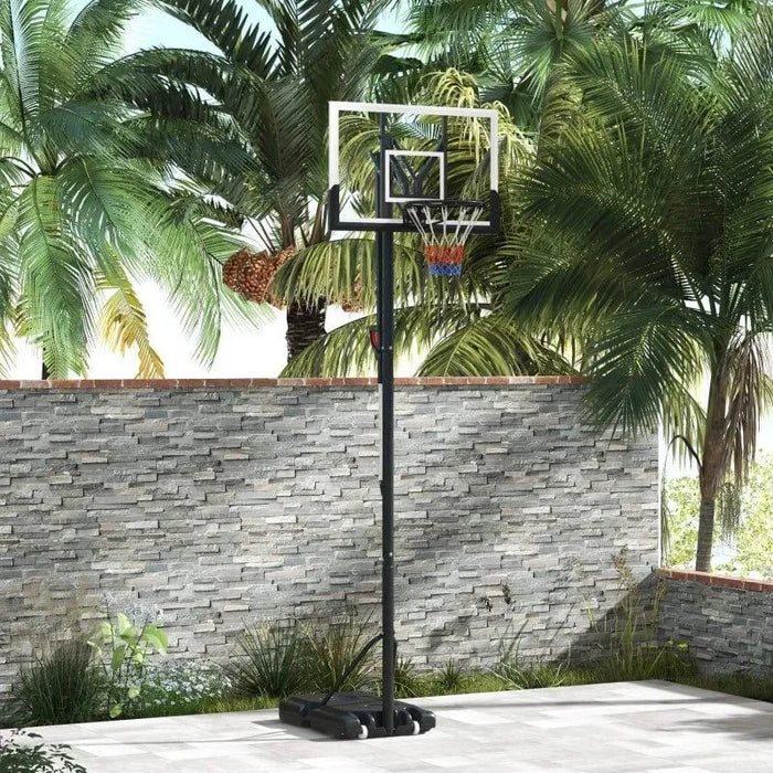 Adjustable outdoor basketball stand with shock absorbing springs in garden with palm trees