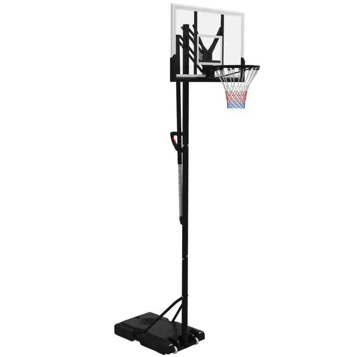 Adjustable basketball stand with clear backboard, height markings, and wheeled base